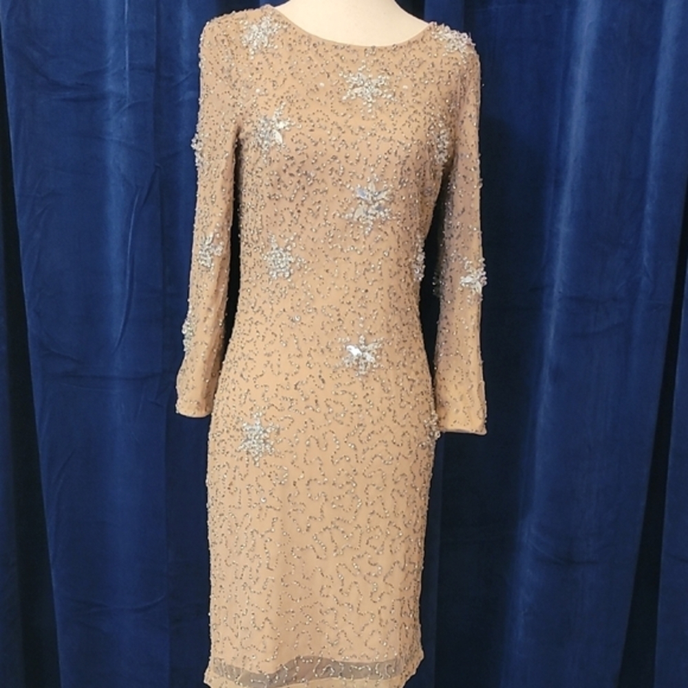 French Connection Silver Sequin Long Sleeve Sheath Dress - Picture 1 of 7